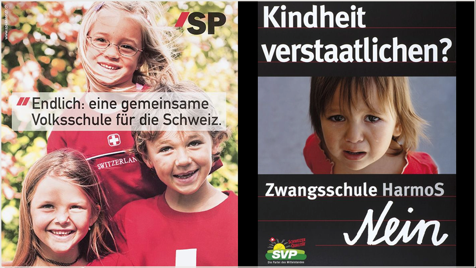 Links das Abstimmungsplakat der SP für HarmoS mit der Ja-Parole, Lachende Kinder; Rechts das Abstimmungsplakat der SVP für HarmoS mit der Nein-Parole, weinendes Mädchen