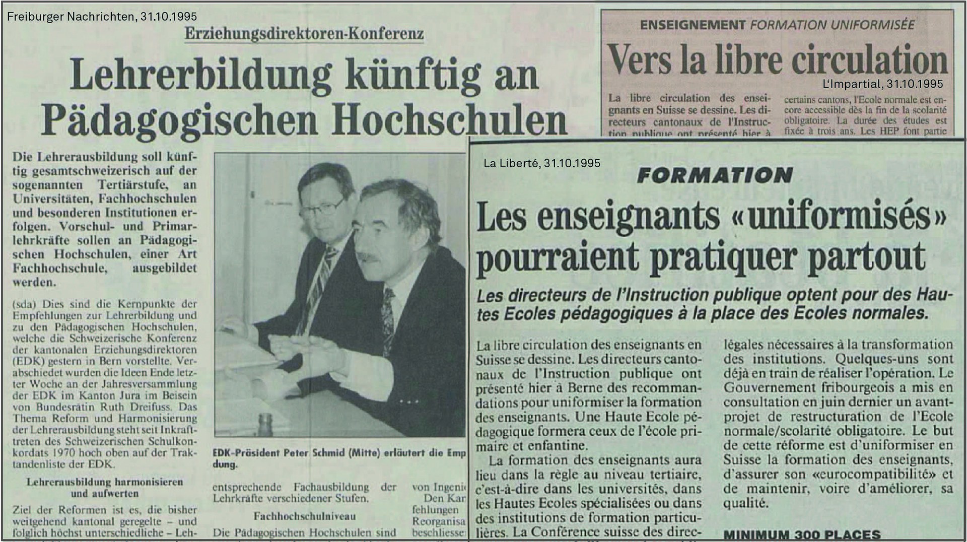 Collage mit Zeitungsartikeln von 1995 zur Tertiarisierung der Lehrerbildung