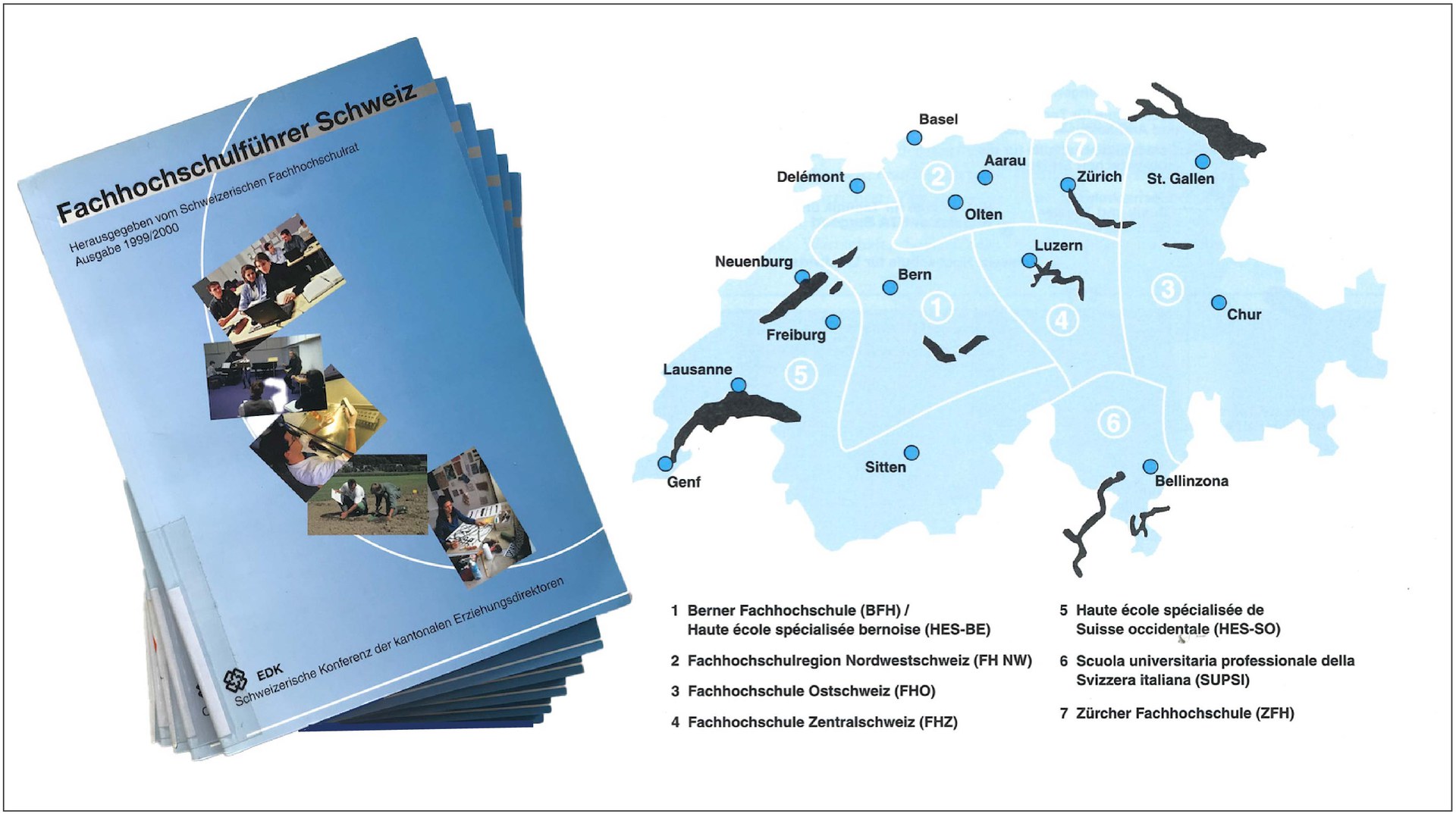 Cover des Fachhochschulführers, daneben eine Schweizer Karte mit den sieben  Fachhochschulregionen