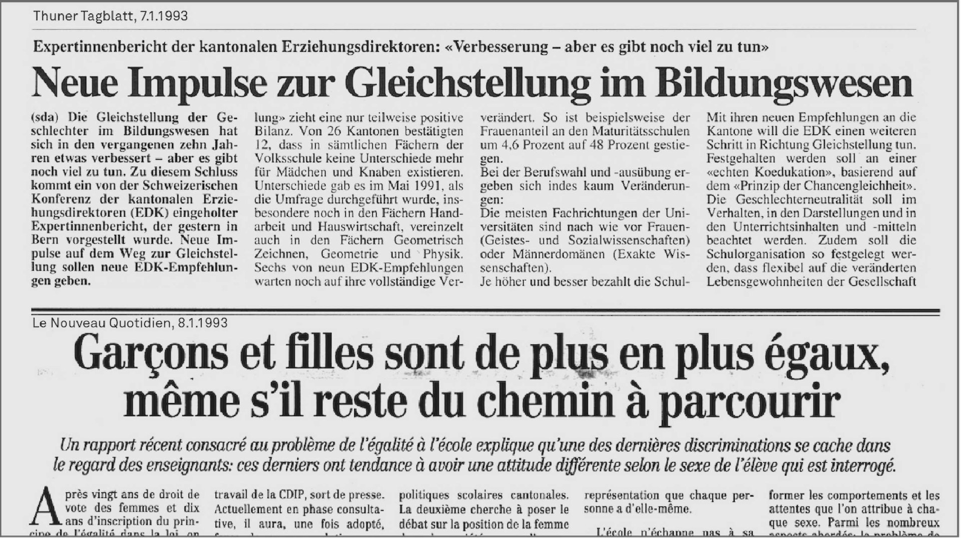 Collage mit Zeitungsartikeln von 1993 zur Situation im Bereich Gleichstellung