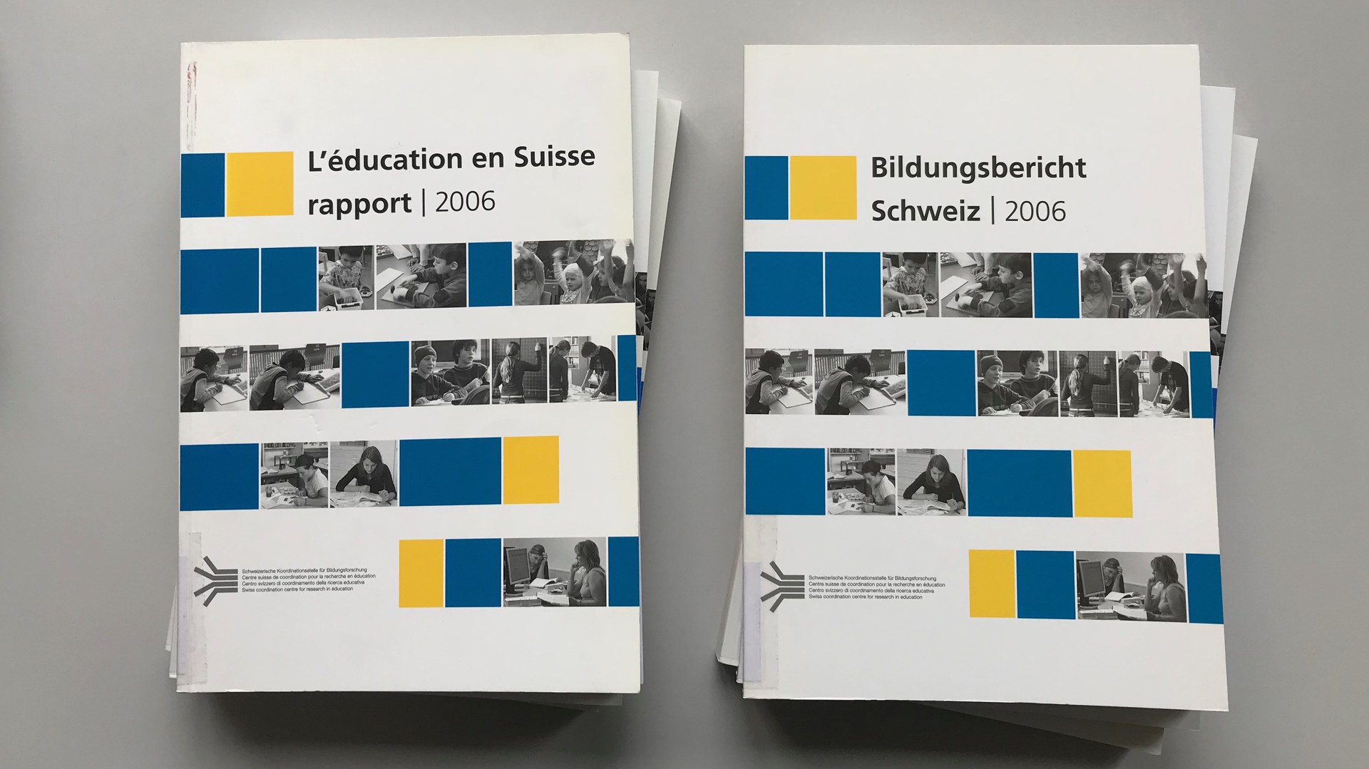 Zwei Bücherstapel, links die französische Ausgabe des Bildungsberichts 2006, recht die deutsche Ausgabe