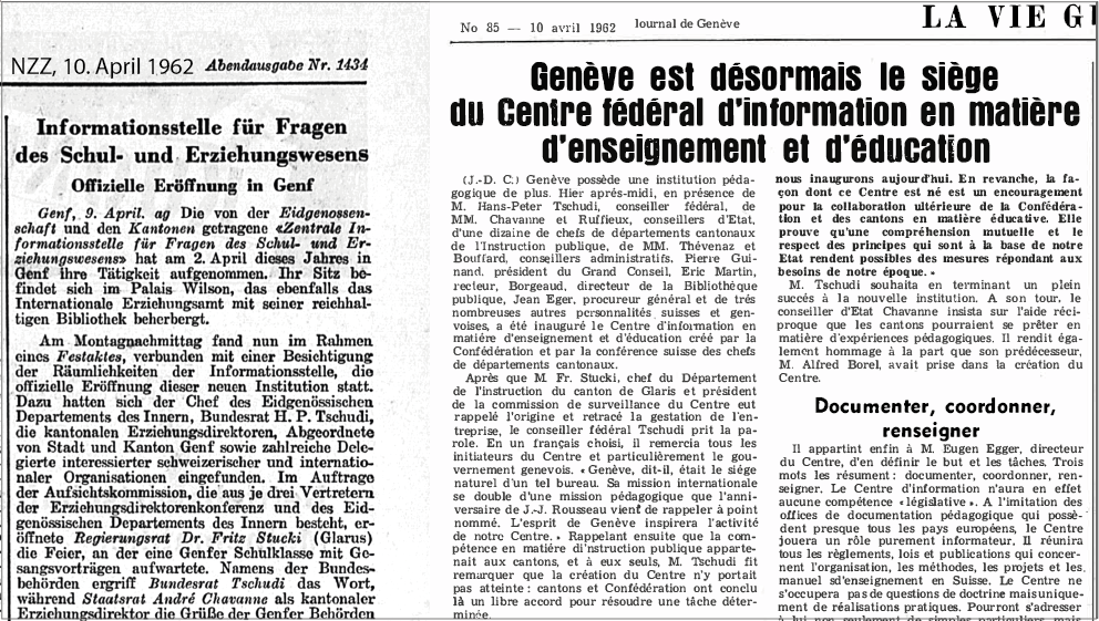 Zwei Zeitungsartikel von 1962 zur Gründung der Informationsstelle, links: Artikel aus der NZZ, rechts: Artikel aus dem Journal de Genève