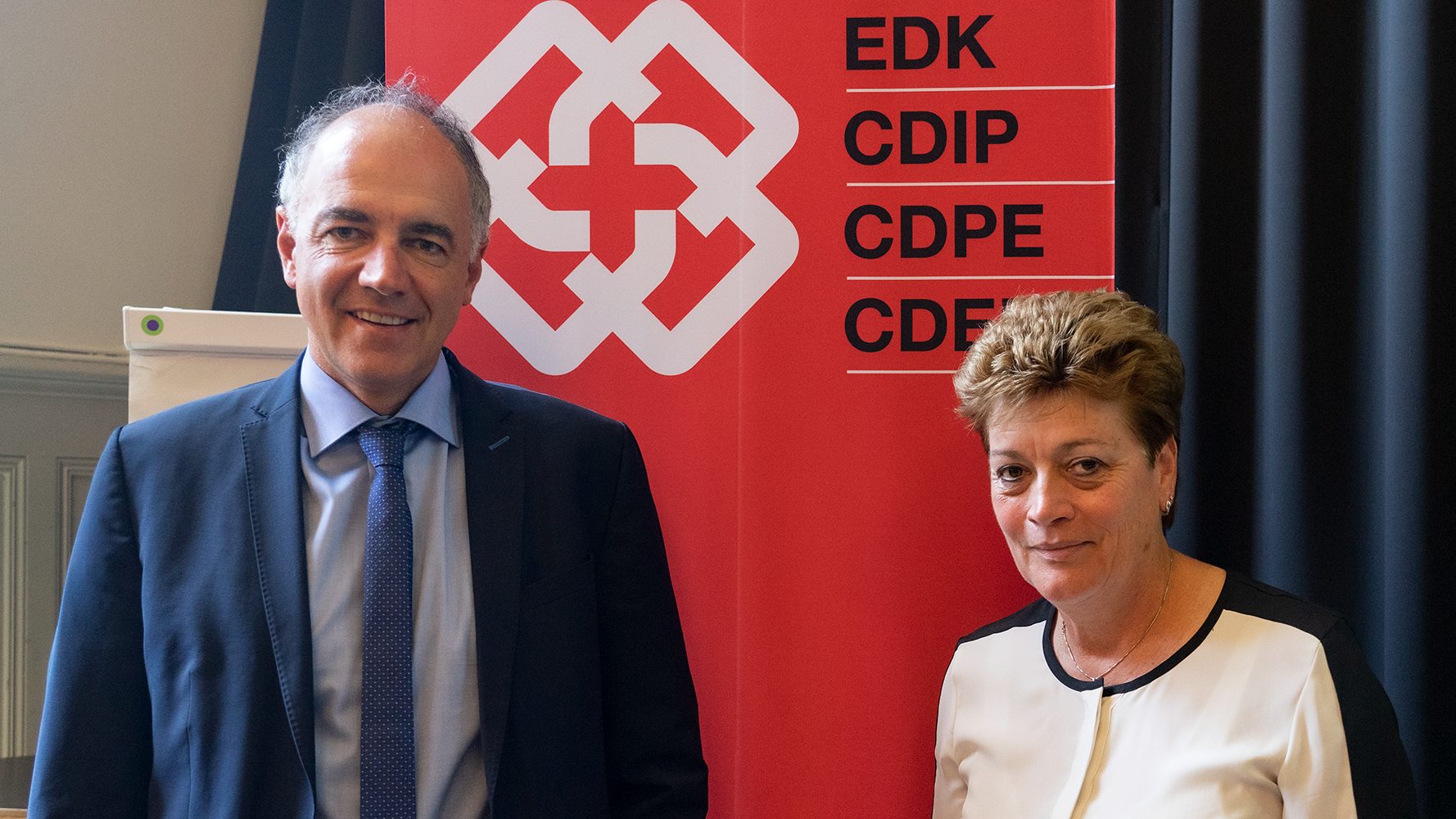 Staatsrat Christophe Darbellay, Vizepräsident der EDK, mit Silvia Steiner, Präsidentin der EDK