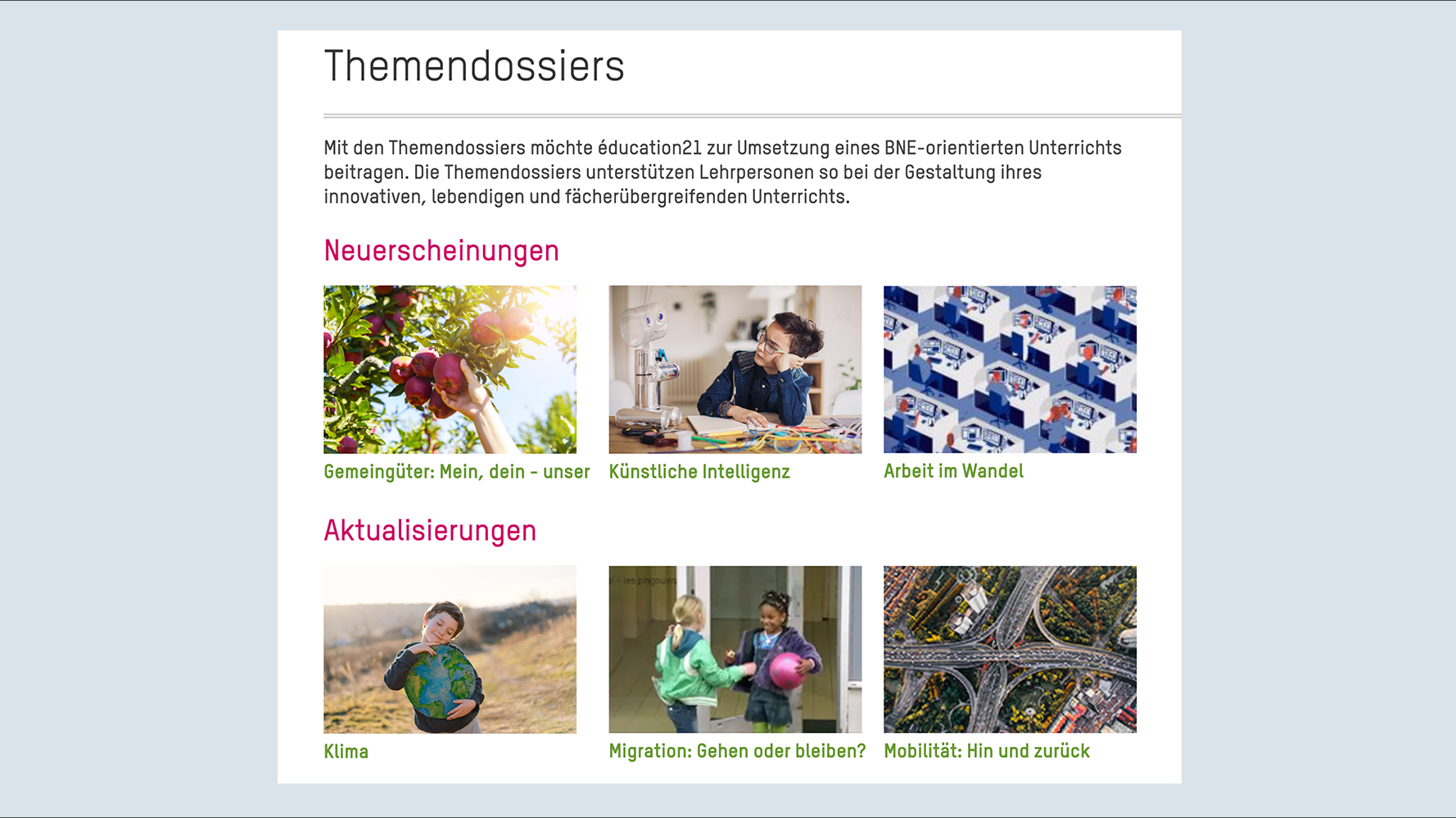 Screenshot der Themendossiers auf der Website von éducation21