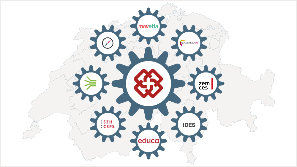 Die Logos der Fachagenturen sind um das EDK-Logo verteilt, im Hintergrund ist die Schweiz