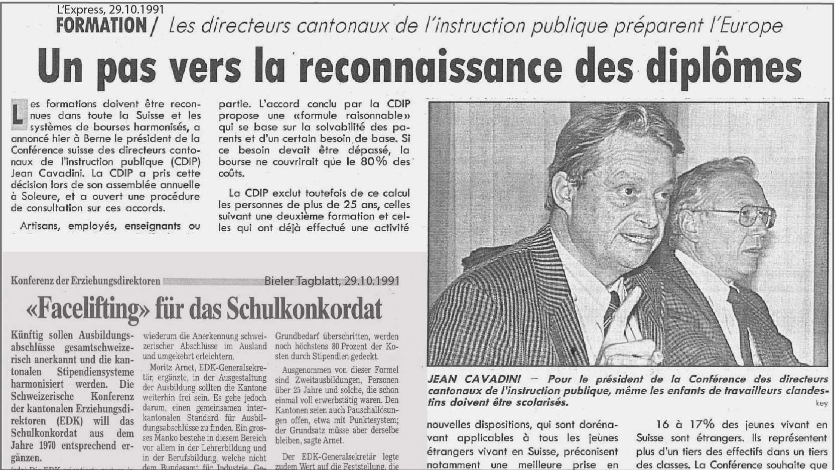 Collage avec des articles de presse de 1991 portant sur l'accord de reconnaissance des diplômes de la CDIP