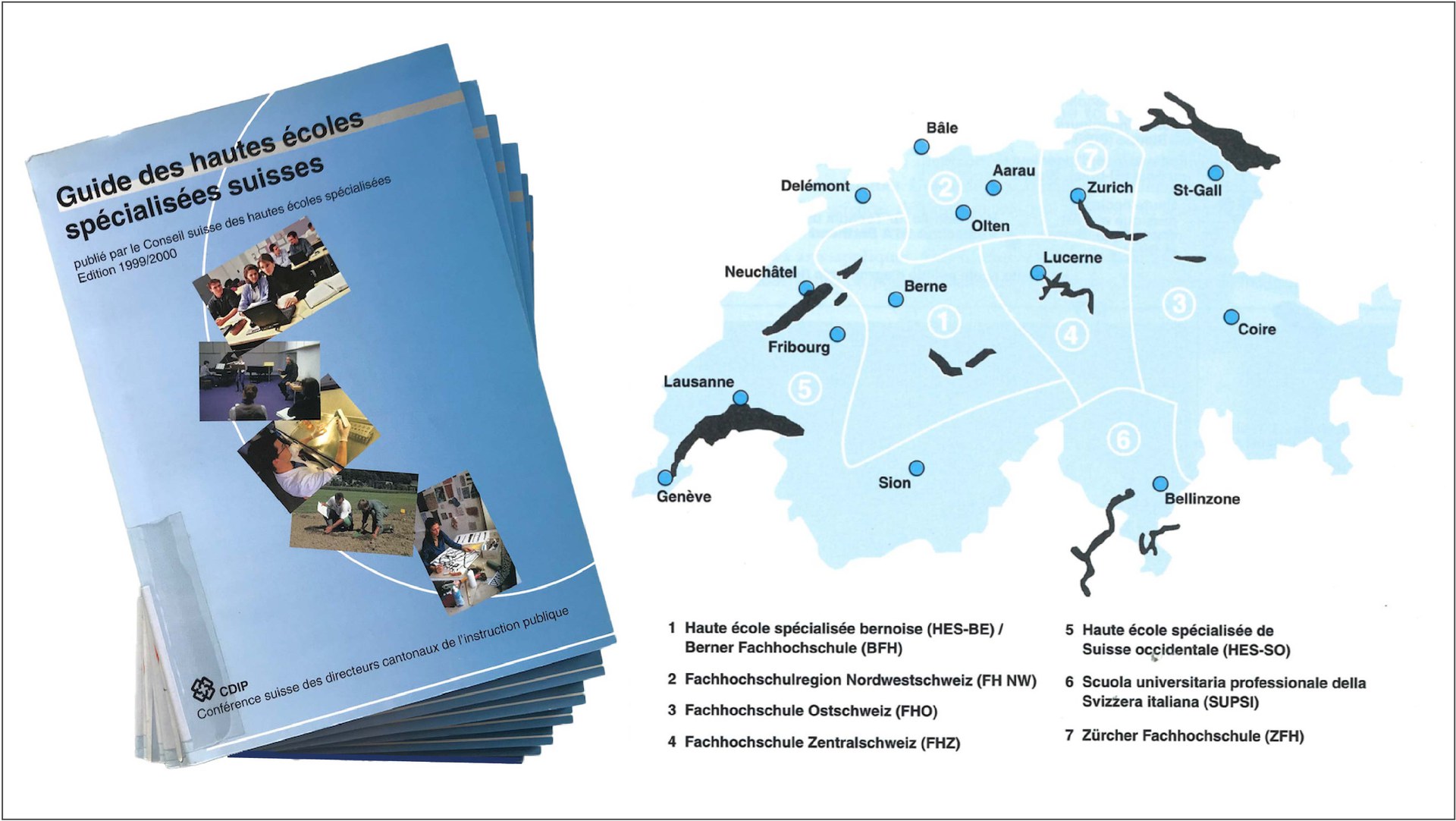 Page de couverture du guide des hautes écoles spécialisées suisse publié en 2000; à droite une carte de la Suisse avec les sept hautes écoles spécialisées