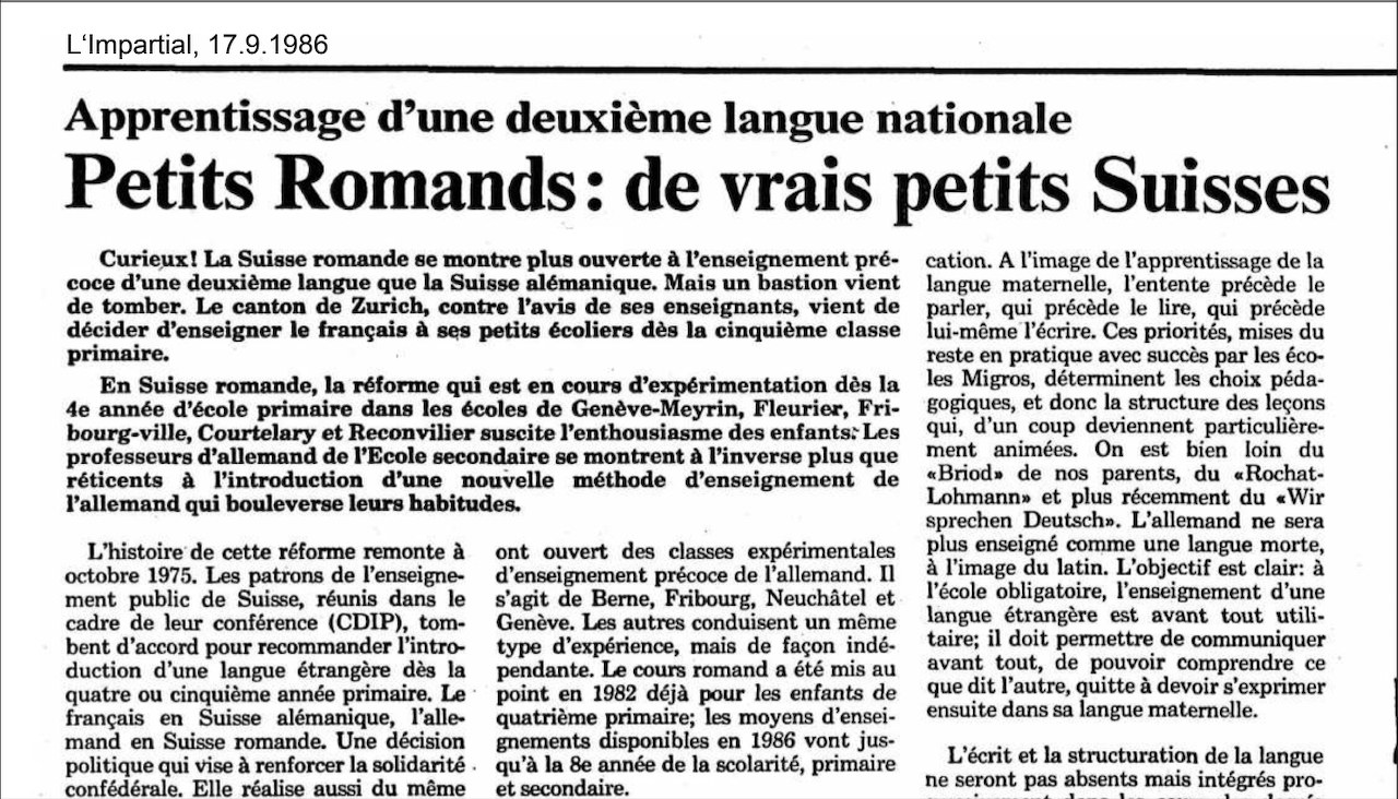 Article tiré du journal L'Impartial avec le titre «Petits Romands: de vrais petits Suisses»