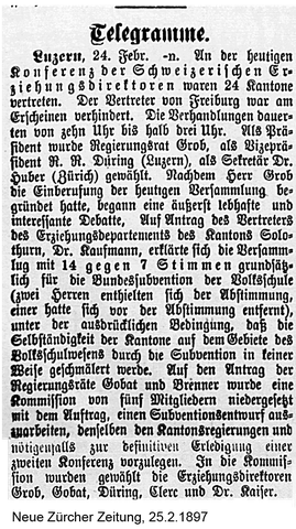 Article du 25 février 1897 concernant la première séance de la CDIP; paru dans la NZZ