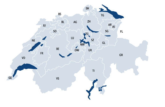 La carte de la Suisse avec tous les cantons, en bleu