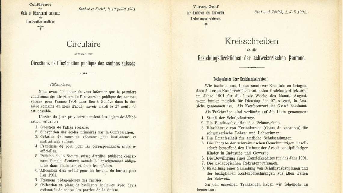 Blick auf das Kreisschreiben für die Sitzung vom 27. August 1901; links: Circulaire auf Französisch, rechts: Kreisschreiben auf Deutsch