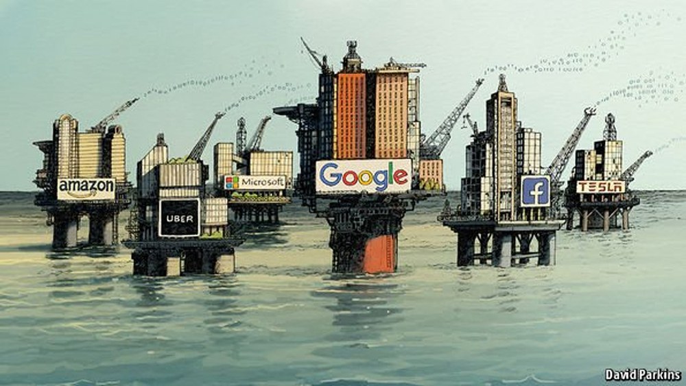 Eine Illustration von Ölbohrtürmen, die Google, Facebook, Tesla, Uber, Amazon und Microsoft repräsentieren